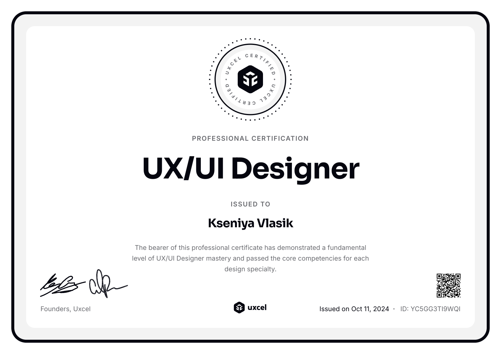 Kseniya Vlasik's certificate